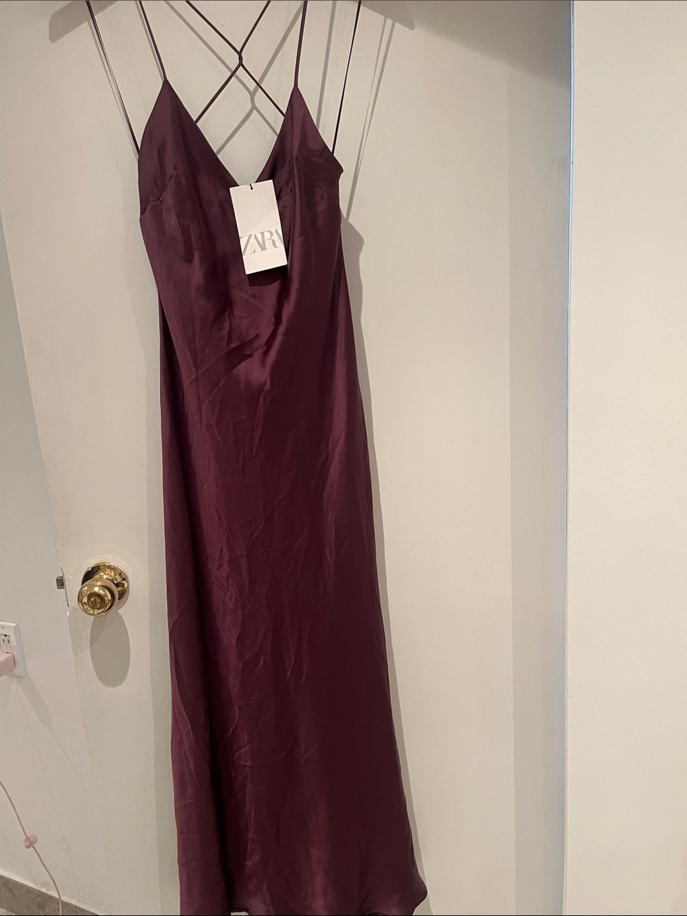 Zara Wine Satin Slip Maxi Dress with Crisscross Straps